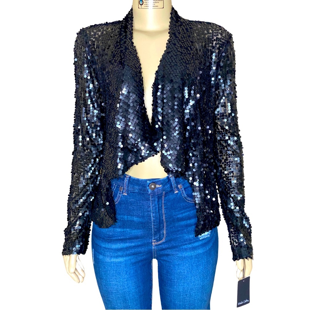 Dolce Cabo Black Sequin Open front Whimsigoth Fairy Holiday Festival Jacket (M)